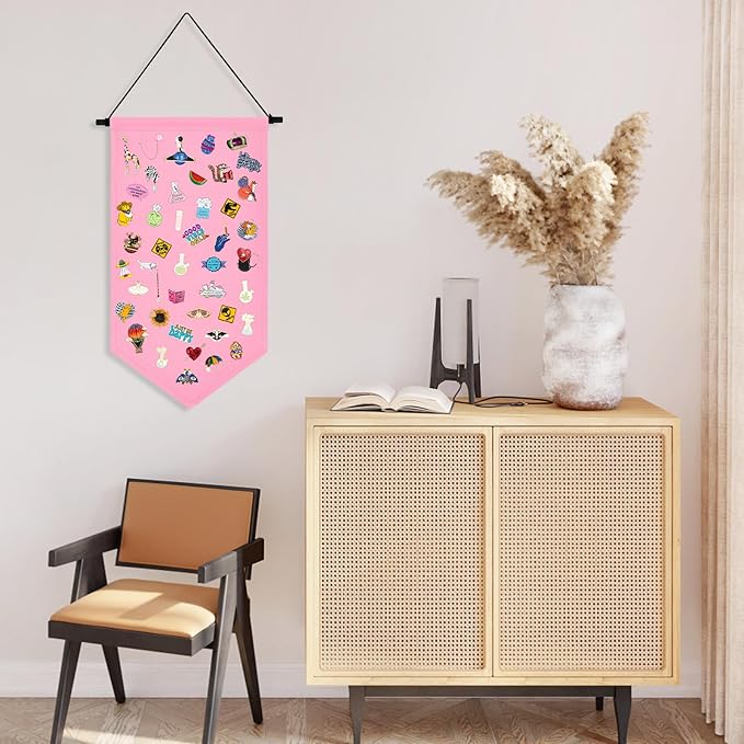 Winmany Wall Hanging Brooch Jewelry Storage Case Canvas Display Stand Enamel Pin Display Banner Holder Earrings Necklace Glitter Pin Collection Organizer (Pink)