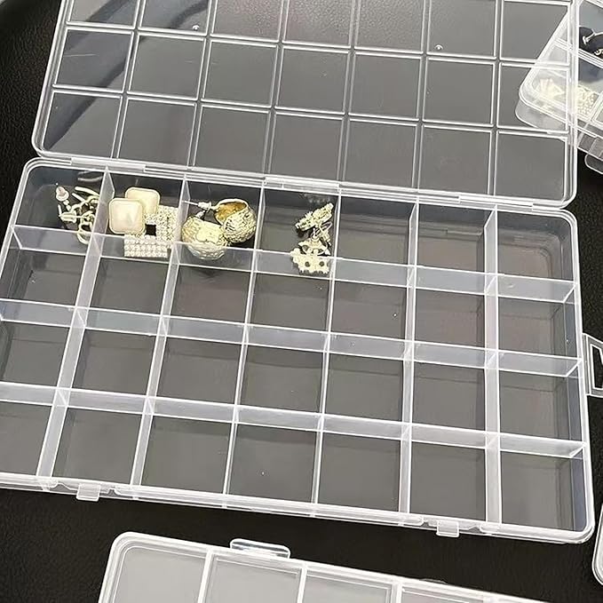 YIKANGHENG 24 Grids 7.5 Inch x 5.2 Inch Fixed Clear Plastic Jewelry Organizer Storage Box Jewelry Earring Tool Containers (1)