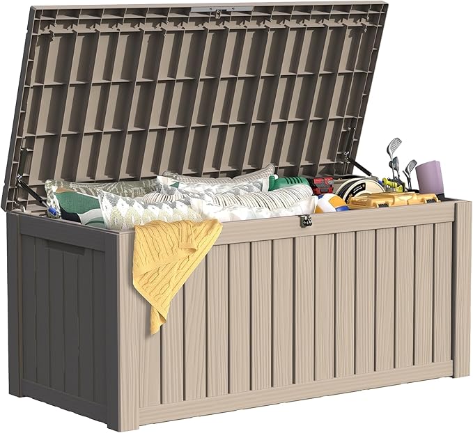 150 Gallon Outdoor Storage Box Waterproof, Lockable Resin Deck Box Large Storage Bin for Patio Furniture Cushion, Garden Tools, Pool Accessories, UV-Resistant Outside Delivery, Gray