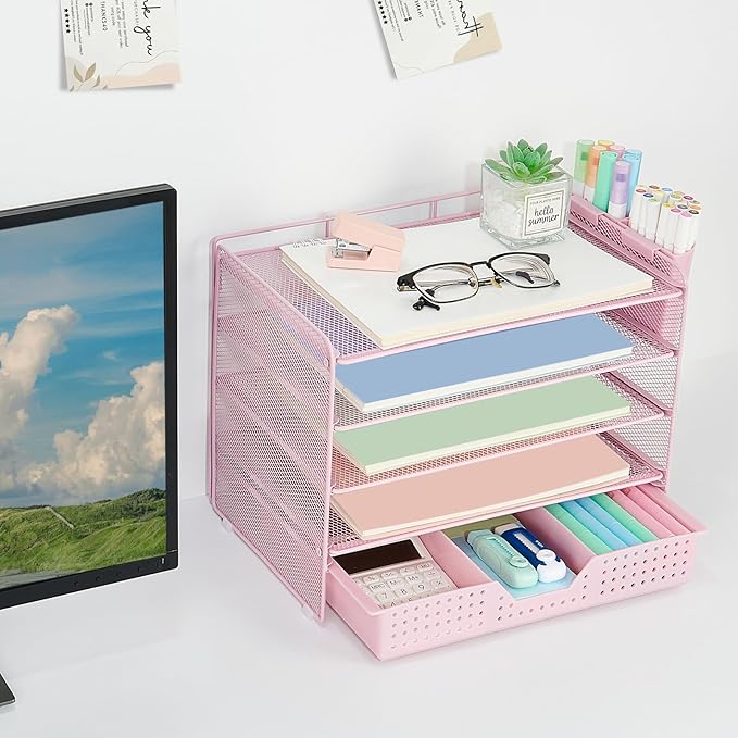 Desk Organizers and Accessories, 5-Tier Paper Letter Tray Organizer with Drawer & 2 Pen Holders, Desktop Organizer for Office Supplies (Pink)