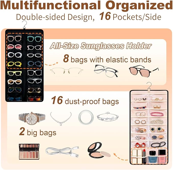 LAKSMI 2 PCS Hanging Sunglasses Organizer & Jewelry Storage, 32 Dust-Proof Pockets for Multiple Sunglasses and Accessories