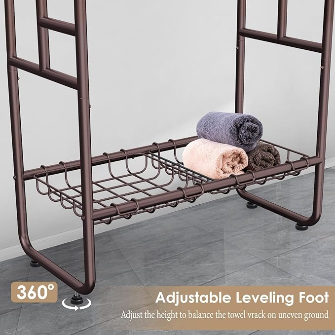 40" H Free Standing Towel Rack with 2 Storage Baskets & 6 Hooks, 3 Tier Silver Metal Towel Stand for Extra Large Towel, Modern Industrial Blanket Ladder Display and Drying Rack for Bedroom Bathroom