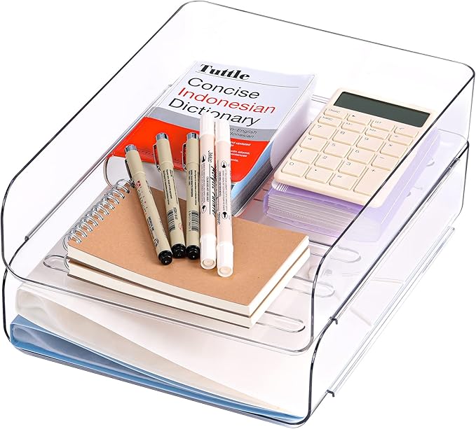 Set of 4 Office Organization and Storage, Clear PET Letter Tray Desk Organizer, Stackable Paper Tray Organizer for Desk Accessories, Notes, Pens, File Paper, Document