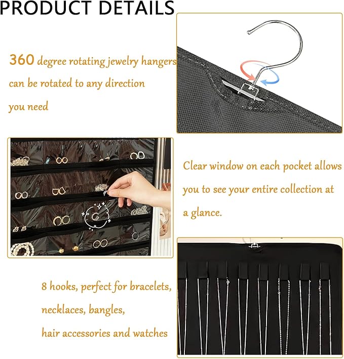 ZMD Hanging Jewelry Organizer Storage, 48 Pockets 8 Hooks Necklace Earring Necklace Bracelet Ring Organizer for Closet, Wall, Door, Christmas Gifts for Women，Black
