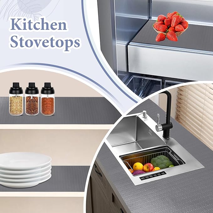 Drawer and Shelf Liner for Kitchen Cabinet: 23in X 20 Ft Non Slip Waterproof Shelf Paper Non Adhesive Refrigerator Liners Gray Easy Liners for Bathroom Cupboard with Knife Tape Measure