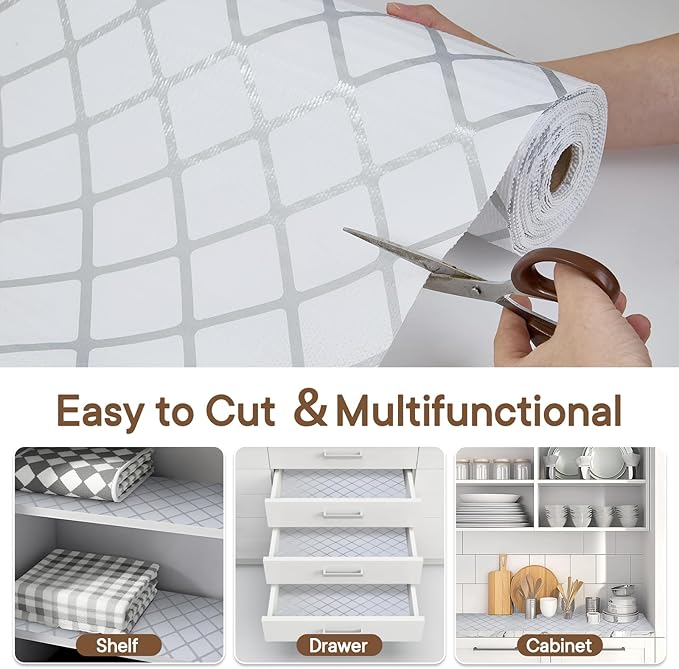 Shelf and Drawer Liner for Kitchen Cabinets Non-Adhesive, Strong Grip Non-Slip Thickened Cabinet Liners for Shelves, Waterproof Mats for Dresser Cupboard, Silver Stripe, 12 in x 30 Feet