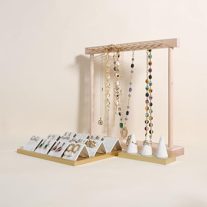 GemeShou Medium necklace hanger shelf with 12 copper bars, Wooden jewelry storage organizer rack for hanger necklace bracelet, necklace display stand for boutique store【Maple】