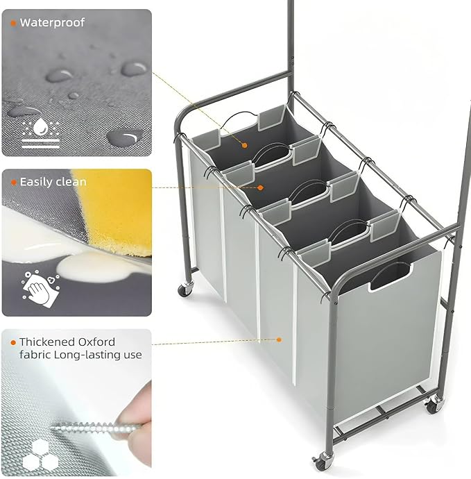 ROMOON Rolling Laundry Basket Organizer with Hanging Clothes Rack: 4 Section Laundry Hamper Sorter with Hanging Bar and Heavy-duty Lockable Wheels - Clothes Rack with Laundry baskets, 2025 Upgrade