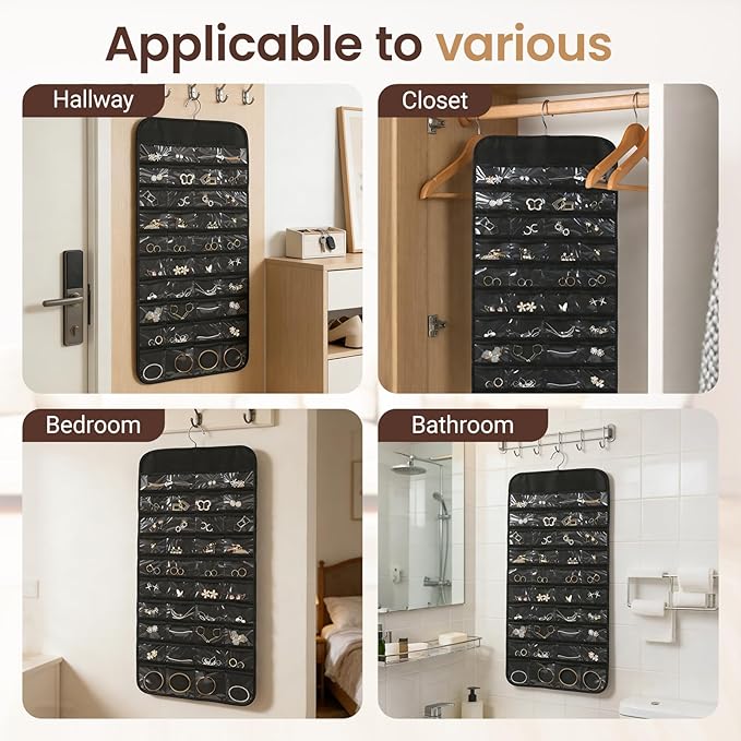 Black Hanging Jewelry Organizer, 80 Clear Pockets Double-Sided Jewelry Holder, Wall Door Closet Hanging Storage for Earrings Necklaces Rings, Suitable Gift for Women