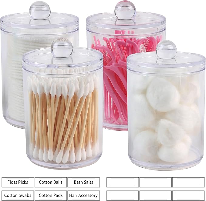 4 Pack Acrylic Qtip Holder Dispenser,Canisters Apothecary Jar Set, Bathroom Organizers and Storage,10 oz with 1Gap
