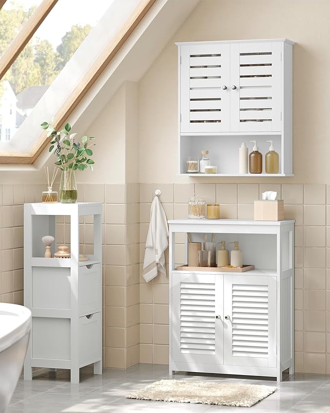 VASAGLE Bathroom Wall Cabinet, Medicine Cabinet, Wall-Mounted Bathroom Storage Cabinet, with Adjustable Shelf, Double Slat Doors and Open Shelf, 7.9 x 23.6 x 27.6 Inches, Cloud White UBBK028W01
