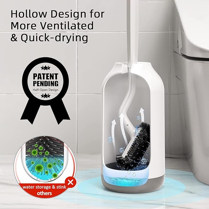 HAMITOR Toilet Bowl Brush Holder Set: Deep Cleaning Brushes with Curved Design - Ergonomic Long Handle for 360° Dead Corner Clean with Replacement Brush - Bathroom Accessories for RV Apartment