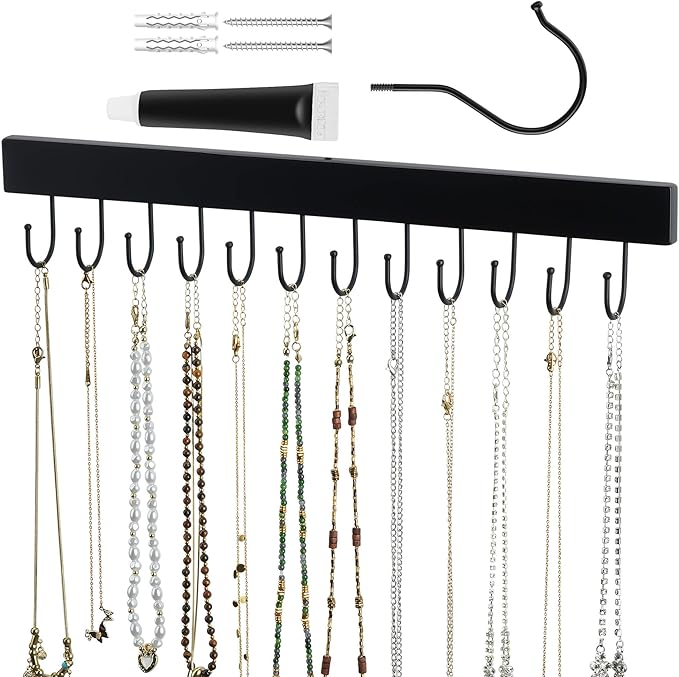 ZEDODIER Necklace Organizer Wall Mount, Wooden Self-Adhesive Jewelry Hanger with 12 Adjustable Hooks, Hanging Holder for Necklace, Belts, Tank Tops, Bras, Black