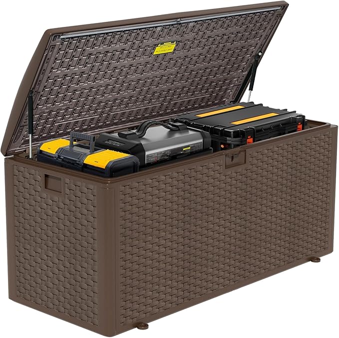 Outdoor Storage Deck Box Waterproof, 180 Gal Pro Large Lockable Patio Storage Bin Chest, Resin Outside Container Seat Bench for Furniture Cushions, Pool Accessories, Garden Tools & Delivery, Brown