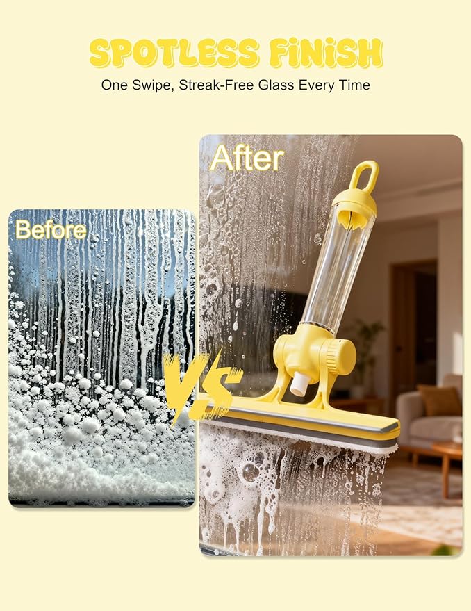 4 in 1 Glass Cleaning Tool with Adjustable Angle Squeegee Spray Bottle and Scrub Brush for Shower Glass Car Windows and Mirrors All in One Window Cleaner Kit