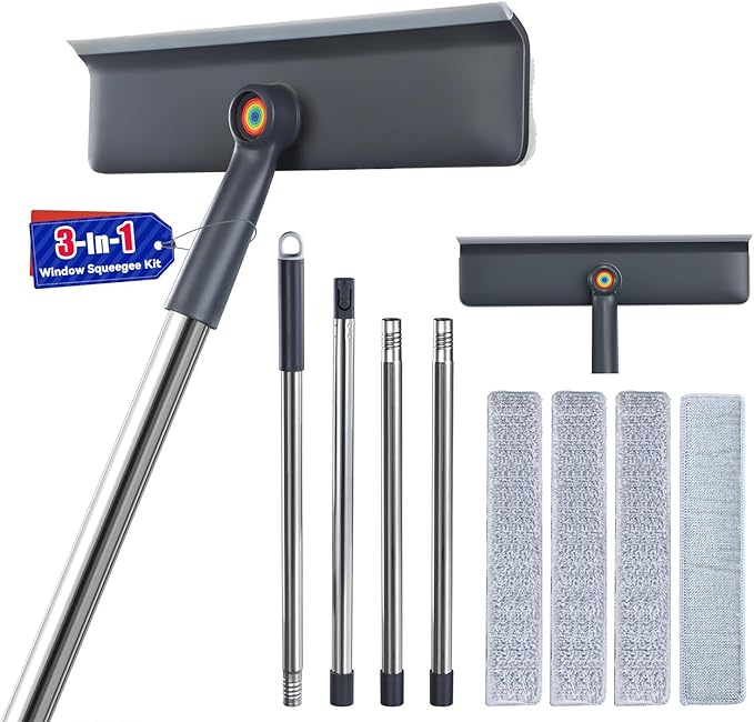 CTIME 62‘’ Window Washing Kit : 3 in 1 Window Squeegee for Home, Window Cleaning Kit with Scrubber&Rotating Head, Glass Cleaning Tools for Indoor/Outdoor with 3 Microfiber Cloths | Screen Brush
