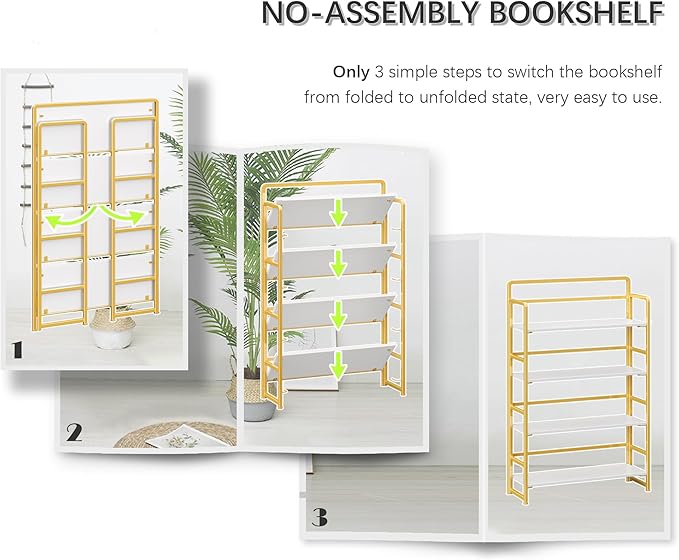 4NM No Assembly Extra Wide 4 Tiers Folding Bookshelf Storage Shelves Vintage Bookcase Standing Racks Study Organizer Home Office (White Gold)