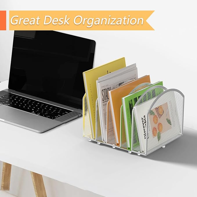 Desk File Organizer 5 Sections Desktop Organizer File Sorter Office Organization File Folder Holder for Office School & Classroom (Silver, 5 Section - 1Pack)