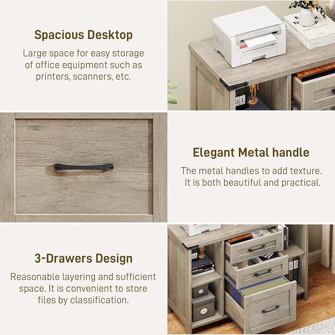 3 Drawer File Cabinet, Farmhouse Lateral Filing Cabinet Fits File Letter or A4 Size, Wooden Printer Stand with Open Storage Adjustable Shelf for Home Office, Grey