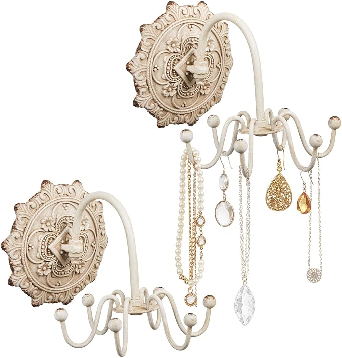 Tondiamo 2 Pcs Wall Mounted Jewelry Organizer Shabby Wall Decor Vintage Jewelry Organizer 6 Rotatable Hooks Include Screws for Women Necklace Bracelet Earring Hat Gift