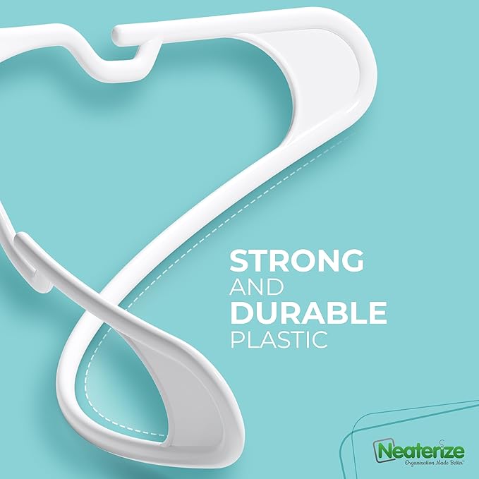 NEATERIZE Clothes Hangers Plastic 50 Pack for Adults - Plastic Hangers, The Perfect Coat Hanger and Space Saving Clothes Hangers for Closet, Percheros Ganchos para Colgar Ropa Hangars - White Hangers