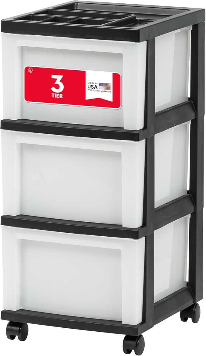IRIS USA Plastic Drawer Storage Organizer Rolling Cart, with Wheels Casters, 3-Drawers, for Classroom Art Craft Supplies Dresser Closet Bathroom Laundry Room, Black/Pearl