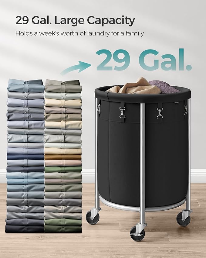 SONGMICS 29-Gallon (110 L) Laundry Basket with Wheels, Rolling Round Heavy-Duty Laundry Hamper Cart with Steel Frame and Removable Bag, 2 Locking Wheels, Ink Black and Metallic Silver URLS002B01