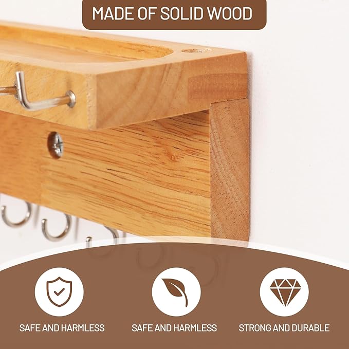 Necklace Holder Organizer Wall Mount,Jewelry Holder Organizer with 30 Hooks,Oak Jewelry Organizer and Storage for Necklaces,Bracelets and Rings (Wood Color)