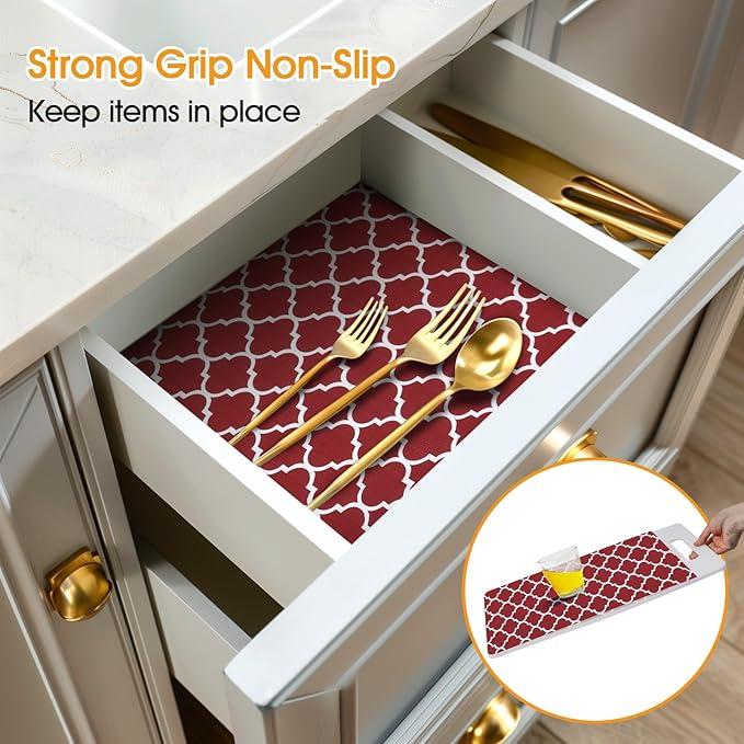 Shelf and Drawer Liner for Kitchen Cabinets Non-Adhesive, Strong Grip Non-Slip Thickened Cabinet Liners for Shelves, Waterproof Mats for Dresser Cupboard, Red/White, 12 in x 20 Feet