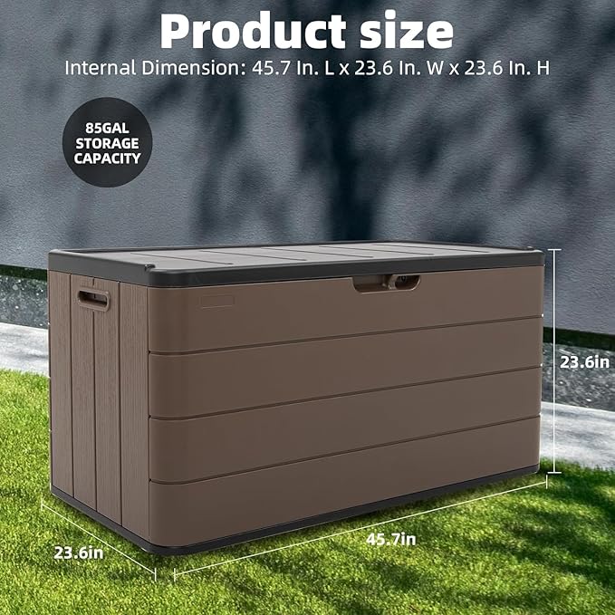 Outdoor Storage Deck Box Waterproof, 100 Gal Pro Large Lockable Patio Storage Bin Chest, Resin Outside Container Seat Bench for Furniture Cushions, Pool Accessories, Garden Tools & Delivery, Brown