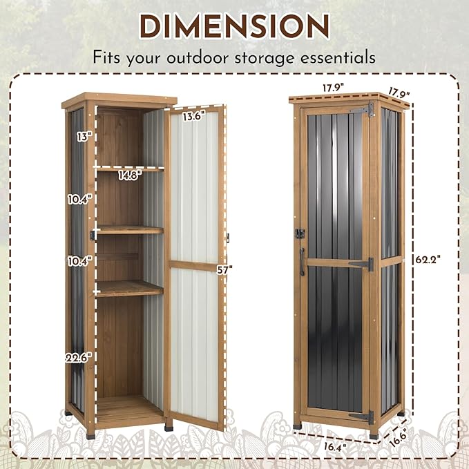 Outdoor Storage Cabinet, 62" Tall Thin Garden Cabinet with Adjustable Shelf and Weather-Resistant Design Farmhouse Accent Cupboard for Patio, Garden, Yard or Porch (18" L x 18" W x 62" H)
