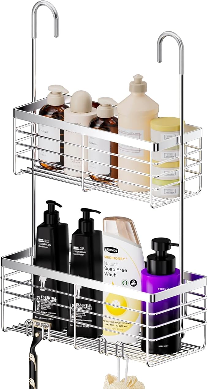 SHANSHUI Shower Hanging Caddy, Double Bathroom Showers Organizer Basket, Shampoo Bracket, Over Door Shower Rack with Hooks, 304 Stainless Steel Rustproof