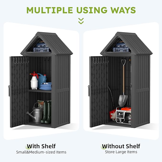 Outdoor Storage Shed - Waterproof Resin Outdoor Storage Cabinet with Removable Shelves & 12 Hooks, Lockable All-Weather Storage for Garden Tools, Grilling Supplies, Classic Black