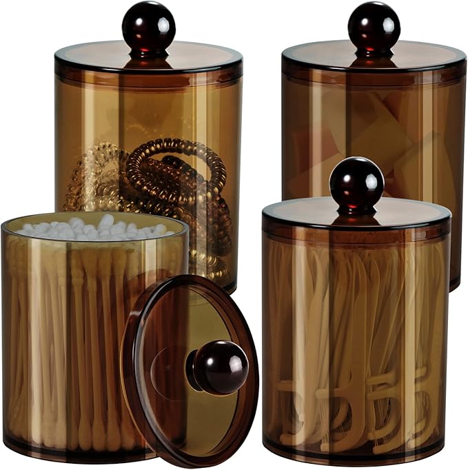 SheeChung 4-Pack Amber Acrylic Apothecary Jars - (2) 10oz & (2) 12oz Qtip Holder Set - Shatterproof Bathroom Vanity Organizer for Cotton Swabs, Balls, Pads - Modern Farmhouse Decor
