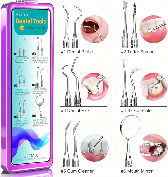 Dental Tools, Dental Pick for Teeth Cleaning, Stainless Steel Hygiene Kit with Tooth Scraper Plaque Tartar Remover - with Case