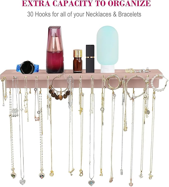 Necklace Holder, Upgraded Extra Large Wall Necklace Organizer with 30 Hooks Wall Mounted Necklace Hanger with Jewelry Tray/Cosmetics Shelf Rustic Pine Wood Holder (Pink)
