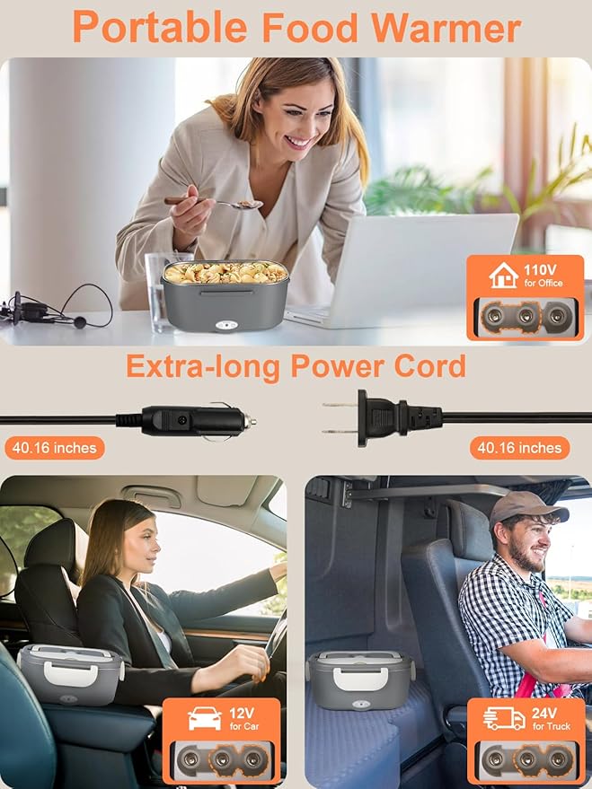 Electric-Lunch-Box-Heated-Food Warmer, 80W Heating Lunchbox for Adults, 2 Pack 1.5L Stainless Steel Containers, 12/24/110V Portable Warmer for Work/Car Lonchera Eléctrica Portátil (Beige)
