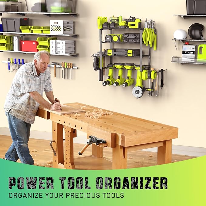 Power Tool Organizer, 4 Drill Holder Wall Mount, Garage Tool Organizer and Storage with Screwdriver Holder, Garage Organization, 4 Layer Cordless Drill Holder with Hammer Holder