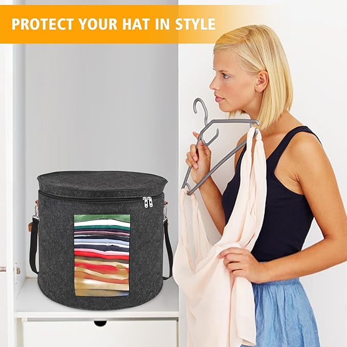 Large Hat Storage Box for Women & Men, 19" D x 17" H Oversized Hat Box Organizer，Foldable Round Travel Hat Boxes with Dustproof Lid, Stuffed Toy Storage Bin Bag (Dark Gray)