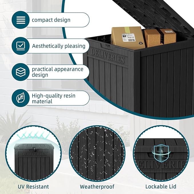 EasyUp Outdoor Package Delivery Box, 55-Gallon Lockable Parcel Drop Box, Large Double-Walled Resin Weatherproof Storage Deck Box for Porch and Patio (Black)