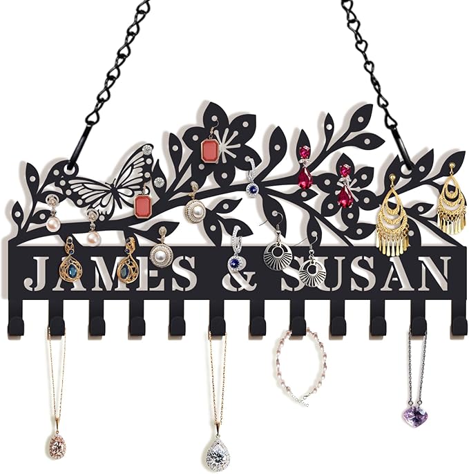 Personalized Wall Mounted Metal Earring Holder Custom Hanging Jewelry Organizer for Earrings and Necklaces Space Saving Wall Mounted Display Shelf with Hooks Valentine's Day Gifts