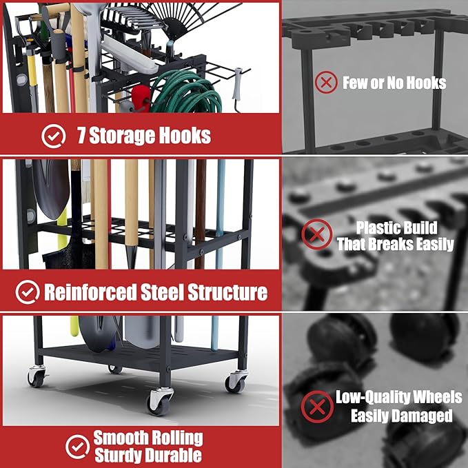 Garden Tool Organizer with Wheels, Heavy Duty Rolling Yard Tool Rack with 14 Hooks & 5 Slots, 3-Tier Metal Cart Holds 50+ Rakes/Shovels/Brooms, Mobile Lawn Storage for Garage Shed Outdoor