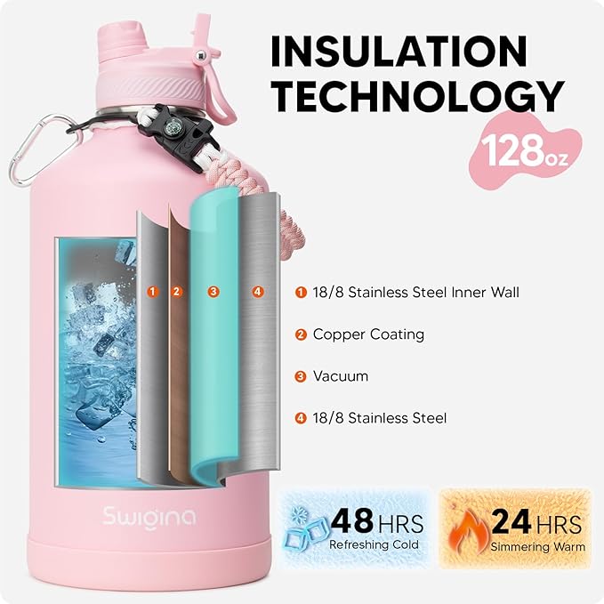 [2-IN-1 LID] Gallon Insulated Water Bottle with Silicone Boot (48hrs Cold/24hrs Hot) - DIY Stickers, Leakproof, BPA Free, 128 oz