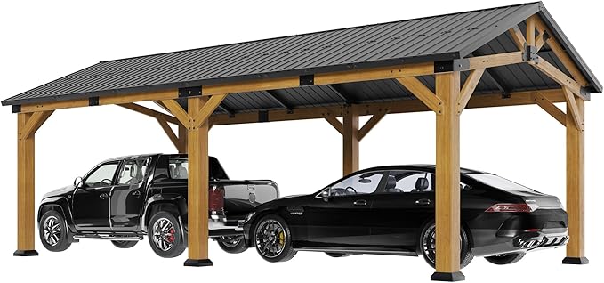 Jocisland 12x24x9.5 FT Cedar Wood Hardtop Carport with Galvanized Steel Roof, Waterproof Outdoor Gazebo Pavilion, Heavy-Duty Snow & Wind Resistant Canopy for Patio, Driveway, Garden