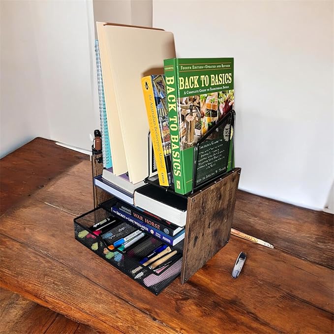 Wooden & Metal Desk Organizer – 4-Tier Vertical Desktop Storage with File Trays, Pen Holder & Drawer – Space-Saving Office & Home Workspace Organizer