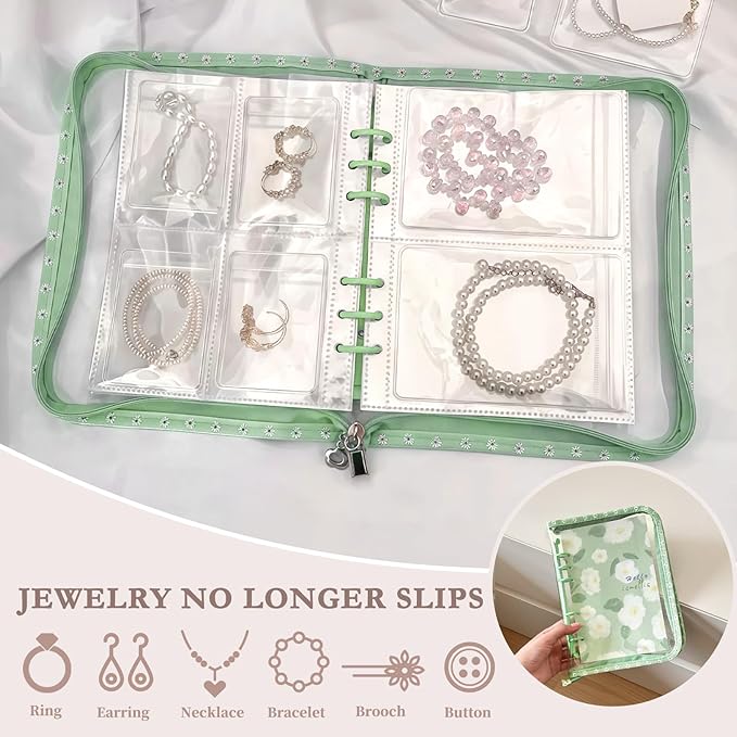 Jewelry Organizer Travel,Jewelry Storage Book with 45 Portable thick PVC pouches,Jewelry Organizer Zipper Bags for Necklaces Bracelet Rings and Earrings (front cover removable),Green