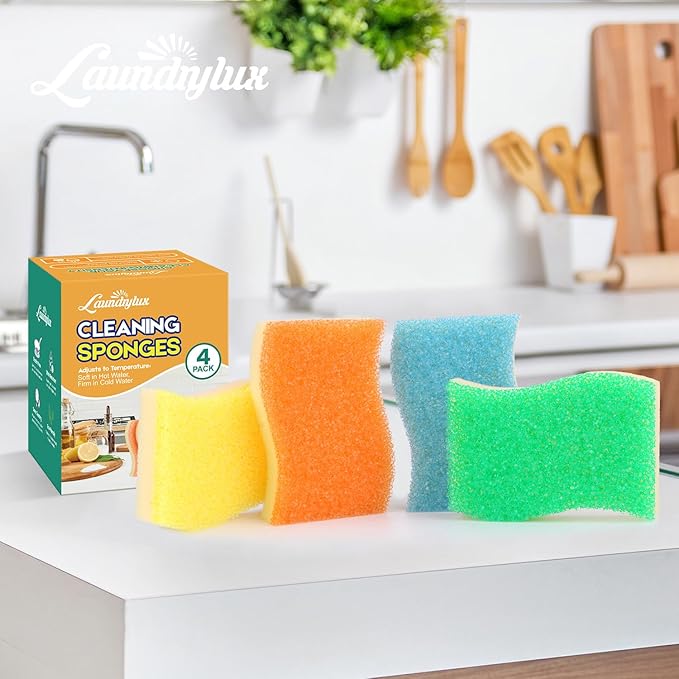 Scrub Sponge, 4 Pack Dual-Sided Temperature-Responsive Scrubber - Non-Scratch - Multipurpose Dish Sponges for Kitchens, Bathrooms, and Outdoor Use - S Shape