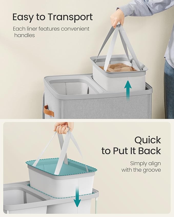 SONGMICS Laundry Basket, 44.9 Gal. Laundry Hamper, 2 Compartments, Easy Assembly, with Lid and Handles, Removable Inner Bags, 22 x 15.7 x 29.5 Inches, Dove Gray ULCB813G01