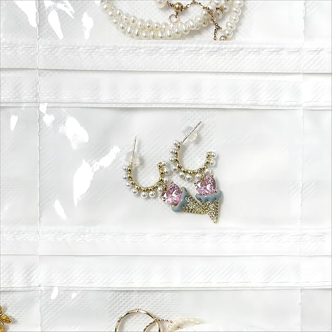 1 Pack Hanging Jewelry Organizer 80-Pocket Dual-sided Jewelry Storage for Earring Necklace Bracelet Ring Travel Holder, White and Beige