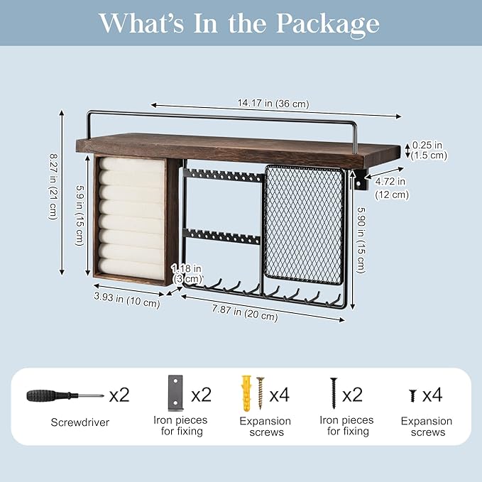 Lolalet Wall Mounted Hanging Jewelry Organizer with Wood Shelf, Wall Jewelry Holder with Hooks for Ring Earring Bracelets Necklaces Display -Brown